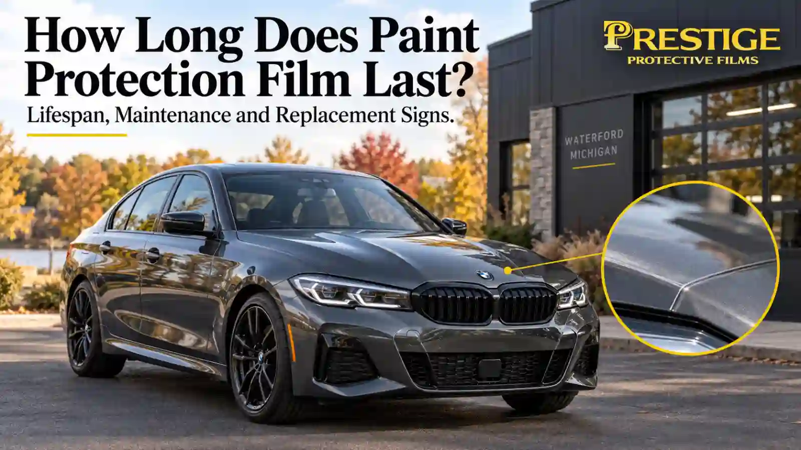Car with paint protection film showing PPF lifespan and durability by Prestige Protective Films