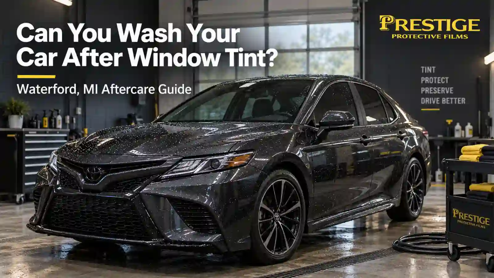 Car window tint being cleaned after installation in Waterford, MI by Prestige Protective Films