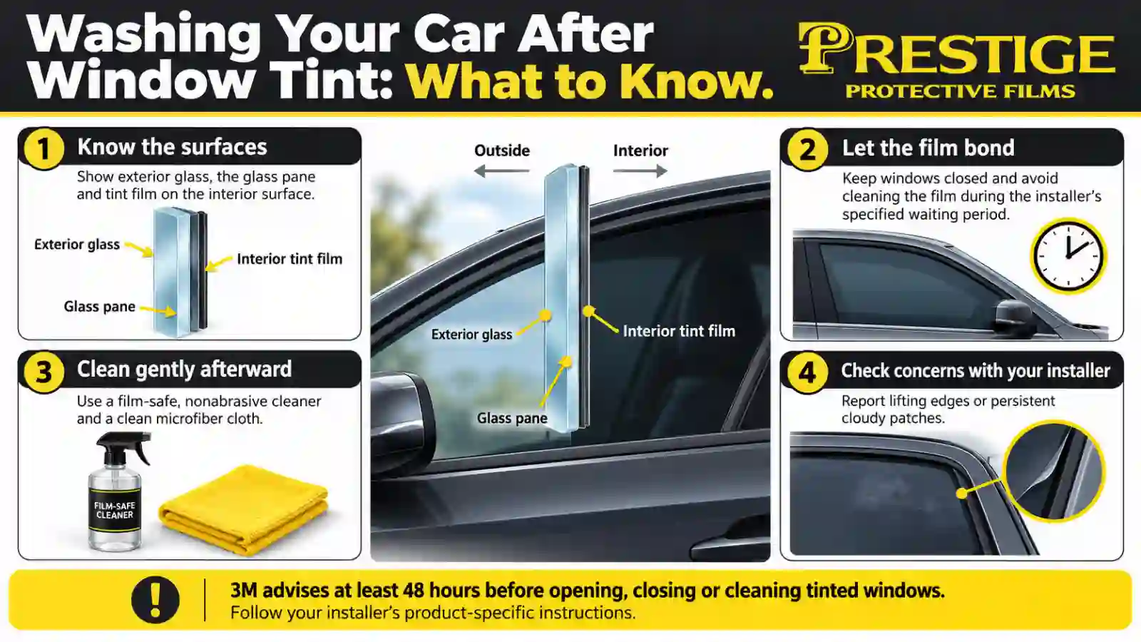 Car with newly tinted windows being washed after installation by Prestige Protective Films