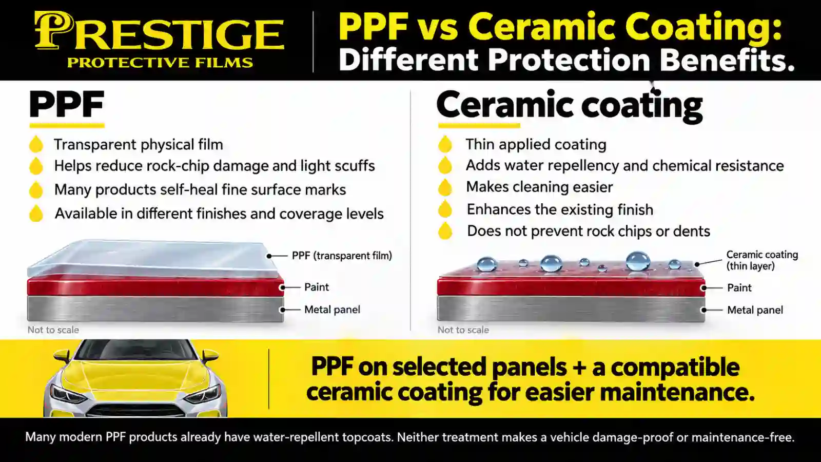 PPF and ceramic coating comparison showing key differences in car paint protection by Prestige Protective Films